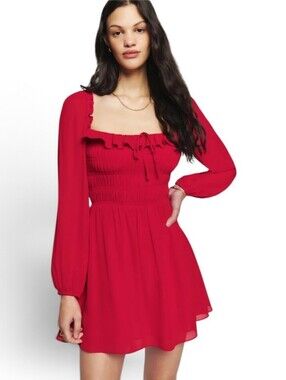 Reformation Morris Dress Cherry Red Smocked Puff Sleeve Mini Size 6